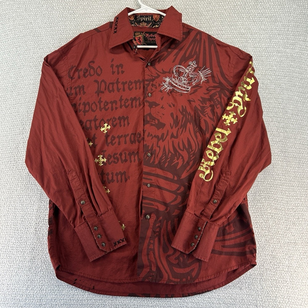 Rebel Spirit Button Up Shirt Mens XL Red Lion Embroidered Embellished Rhinestone